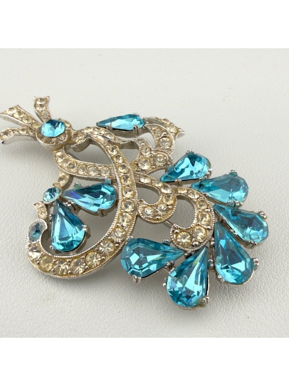 Vintage Aqua Blue Rhinestone Brooch Silver Tone Flower Spray 3 inch